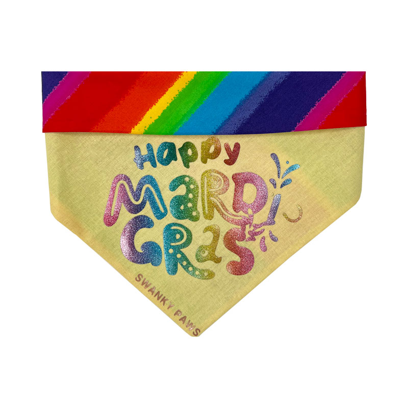 happy mardi gras dog bandana with rainbow colour fabric on yellow fabric